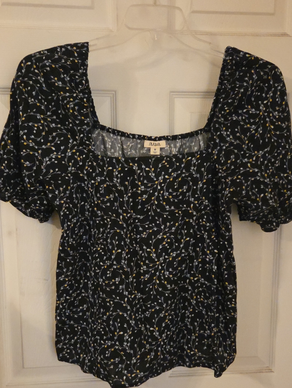 ANA Black Floral Square Neck Puff Sleeve Blouse